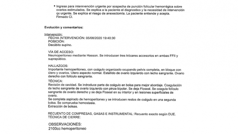 Informe del Hospital La Paz de Madrid. - Cedida