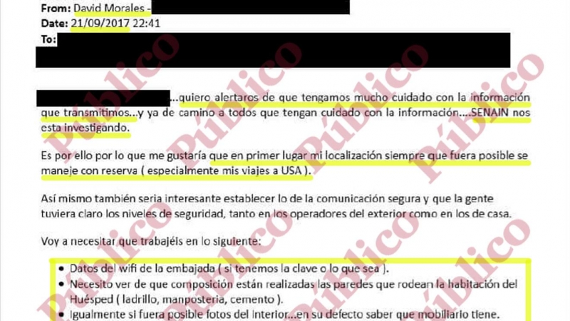 Email enviado por Morales desde el Hotel Venetian de Las Vegas alertando a sus hombres en España e indicándoles las acciones a tomar para espiar la Embajada de Ecuador en Londres.