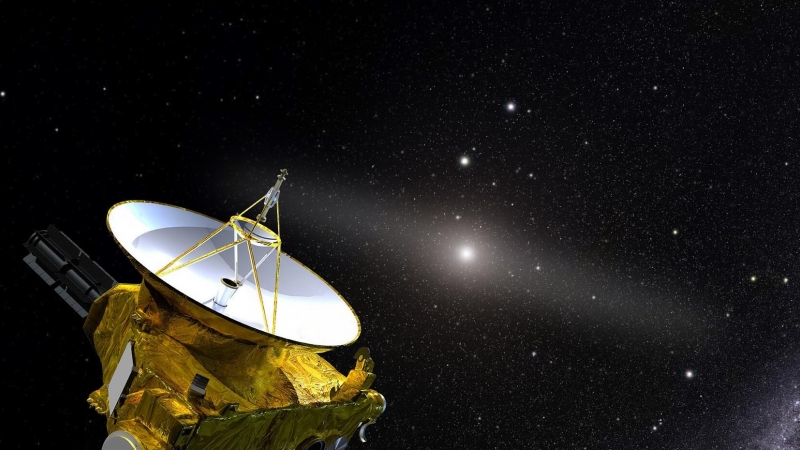 Ilustración de la nave New Horizons en su viaje lejos del Sol (en el centro).