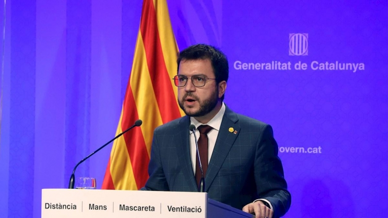 El Presidente en funciones de la Generalitat, Pera Aragonés, durante la declaración institucional de aplazamiento de las elecciones