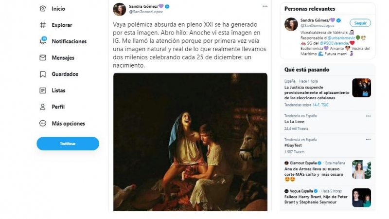 El tweet de Sandra Gómez el pasado 26 de diciembre.