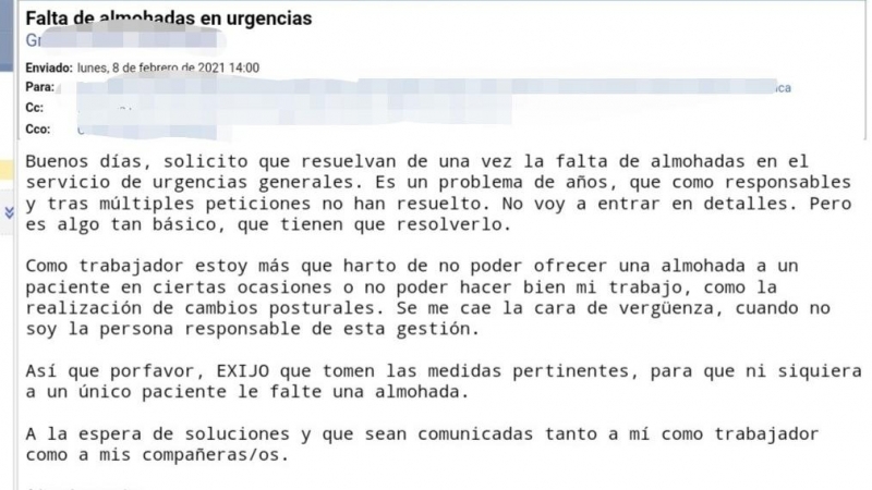 Correo del que parte la queja por la falta de almohadas.