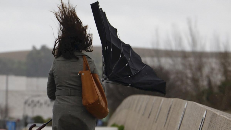 Una mujer sostiene un paraguas que el viento le ha dado la vuelta mientras camina por el Puente Romano de Córdoba