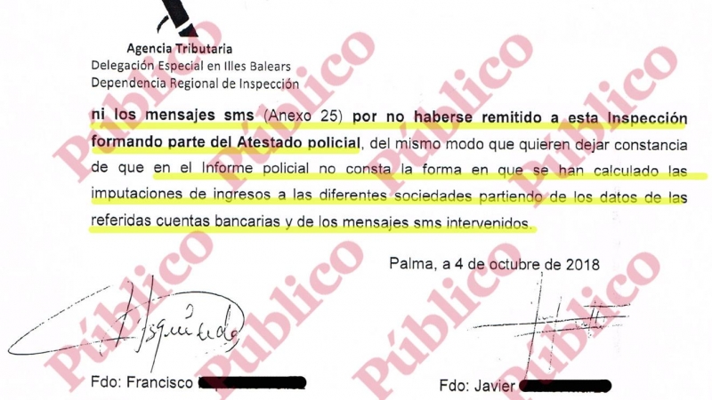 Final de la respuesta de Hacienda al atestado policial sobre las cuentas del Grupo Cursach, aduciendo que no se le envió el material que haía pasado un año en una caja sin abrir en la Agencia Tributaria de Palma de Mallorca.