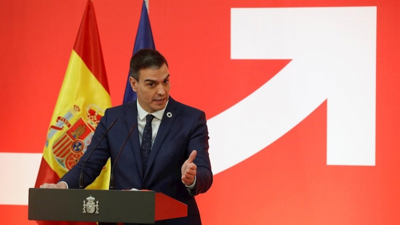 El presidente del Gobierno, Pedro Sánchez, interviene en la presentación de la Estrategia España Nación Emprendedora, en el Palacio de la Moncloa. EFE/ J.j. Guillén