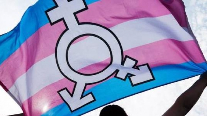 Una persona ondea una bandera trans.