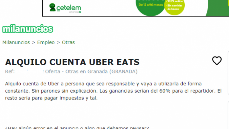 Oferta en milanuncios en la que un hombre alquila una cuenta de Uber..