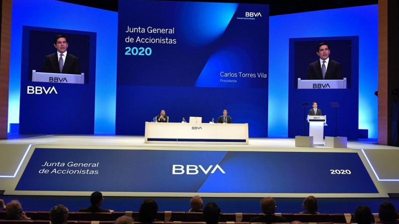 El presidente del BBVA, Carlos Torres Vila, durante su intervención en la junta de accionistas del banco, en marzo de 2020.