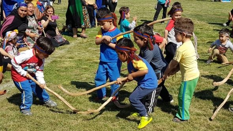 Niños practicando el tradicional deporte mapuche. - Ministerio de Desarrollo Social y Familia (Chile)