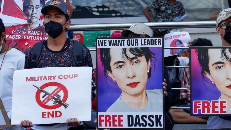 Imagen de una de las protestas en Rangún, Myanmar.