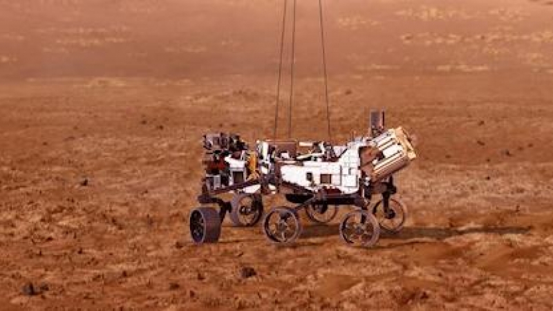 17/02/2021.- Fotografía cedida este miércoles por la NASA que muestra una ilustración del rover Perseverance mientras aterriza de forma segura sobre la superficie de Marte.