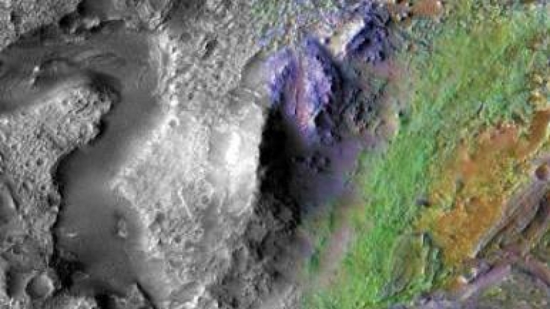 Imagen real de un antiguo delta del cráter Jezero captado por el Mars Reconnaissance Orbiter de la NASA y recreación del lago que pudo cubrir este cráter hace miles de millones de años, con entrada y salida de agua.