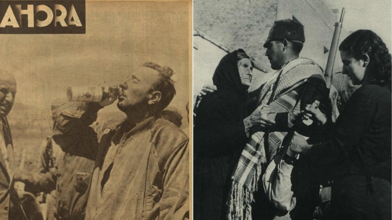 'Los héroes del fascio' (izquierda). Madre e hija entregan alcohol a un miliciano en el frente.
