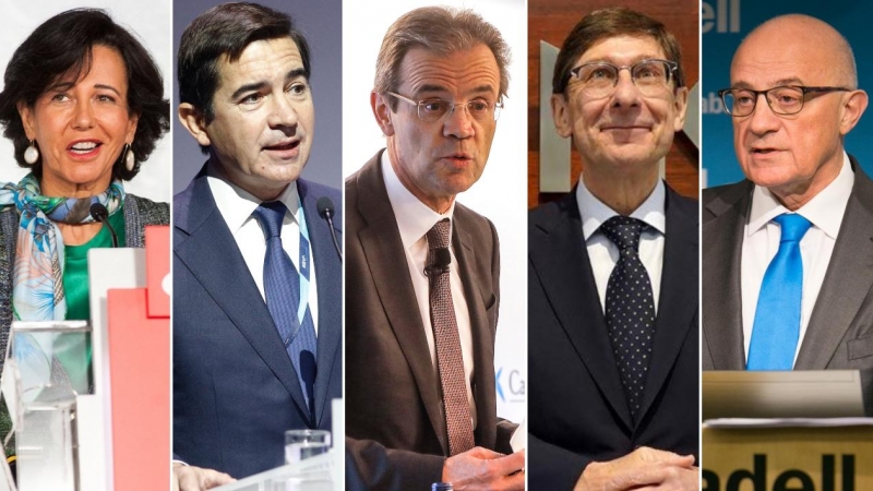 De izquierda a derecha, Ana Botín(Banco Santander), Carlos Torres (BBVA), Jordi Gual (Caixabank), José Ignacio Goirigolzarri (Bankia), y Josep Oliú (Banco Sabadell).