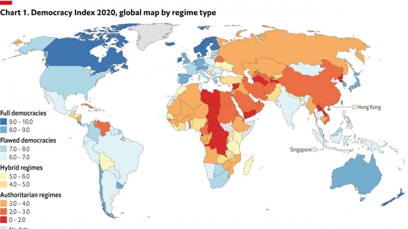 Mapa global del Índice Democrático 2020 de 'The Economist' en notas sobre 10: Democracias plenas (8-10), democracias defectuosas (6-8), regímenes híbridos (4-6) y regímenes autoritarios (0-3), categorías con dos o tres grados distintos.