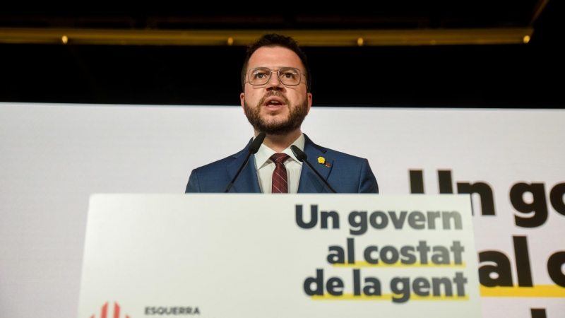 Pere Aragonès durant la conferència d'aquest dijous a Barcelona.