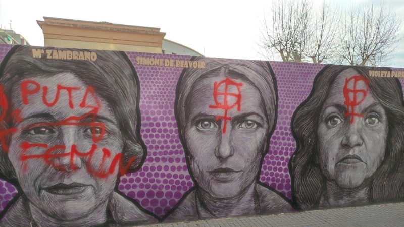 Mural feminista vandalizado en Gandia, Valencia.