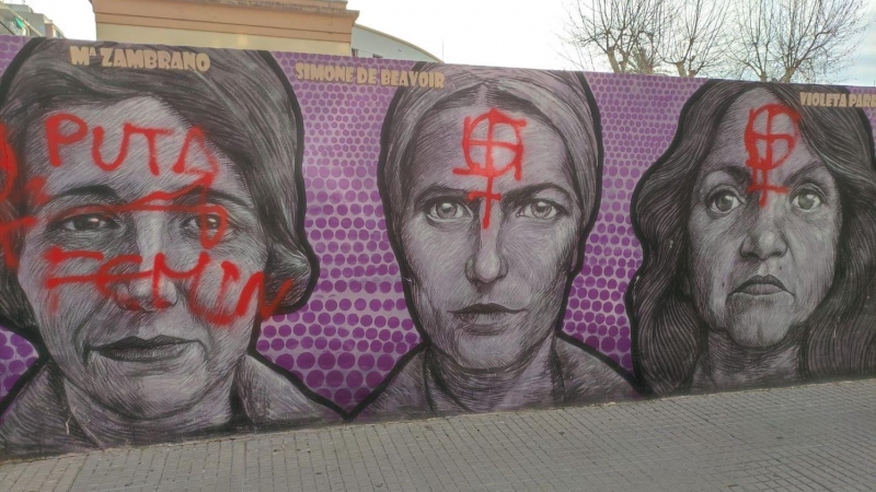 Mural feminista vandalizado en Gandia, Valencia.