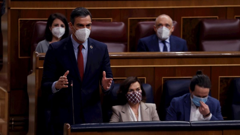 10/03/2021.-El presidente del Gobierno, Pedro Sánchez, hoy miércoles, durante el pleno del Congreso de los Diputados en la sesión de control al Gobierno .-EFE/Chema Moya