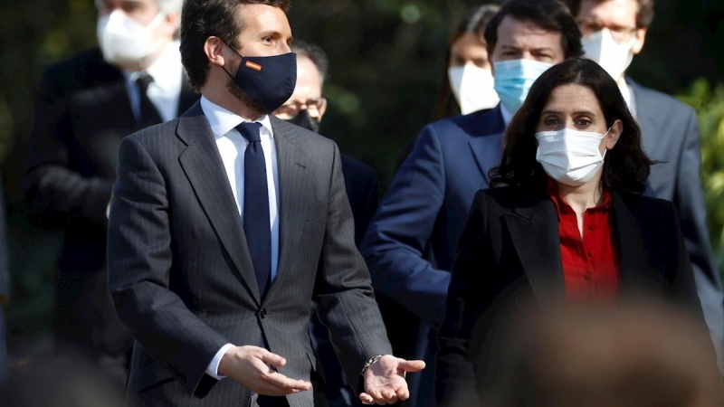 Pablo Casado e Isabel Díaz Ayuso, un día después de convocar elecciones anticipadas en la Comunidad de Madrid.