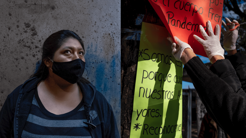 Una mujer con mascarilla y carteles de protesta. - Anita Pouchard