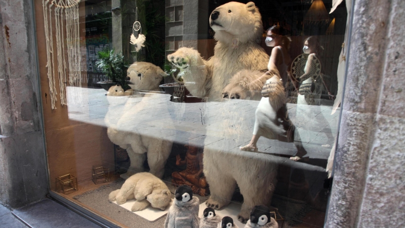 Imagen de un escaparate con osos y pingüinos de peluche y gente que pasea reflejada en el cristal. - Sandra Balsells