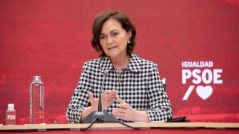 La secretaria de Igualdad del PSOE y vicepresidenta primera del Gobierno, Carmen Calvo, durante su participación en unas unas jornadas organizadas por el PSOE.