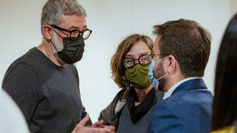 Carles Riera i Eulàlia Reguant amb Pere Aragonès en un acte recent de la CUP.