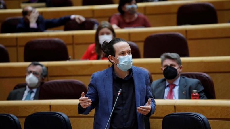 l vicepresidente segundo del Gobierno, Pablo Iglesias, interviene durante la sesión de control al Gobierno celebrada en el Senado, este martes en Madrid.