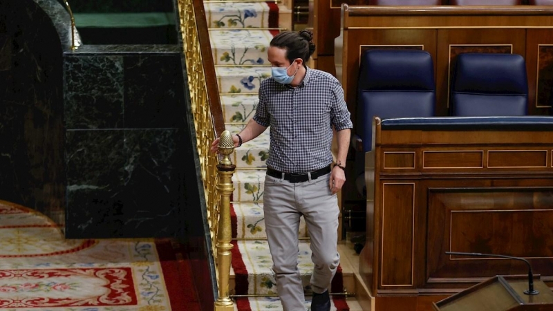 El vicepresidente segundo del Gobierno, Pablo Iglesias tras su intervención en el debate de dos mociones tras la sesión de control al Gobierno este miércoles en el Congreso.