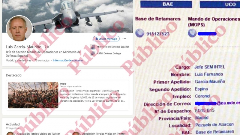 Página del coronel García-Mauriño en Linkedin y fragmento del listado telefónico interno de la Base de Retamares que demuestra que es el Jefe de Inteligencia del Mando de Operaciones.