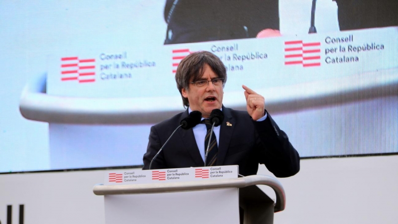 L'expresident Carles Puigdemont durant el seu discurs a l'acte del Consell per la República a Perpinyà. Imatge del 29 de febrer del 2020.