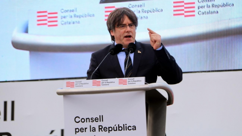 L'expresident Carles Puigdemont durant el seu discurs a l'acte del Consell per la República a Perpinyà. Imatge del 29 de febrer del 2020.