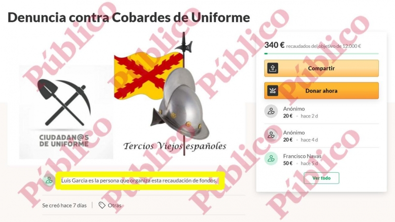 Página de 'gofundme' abierta en nombre de 'Tercios Viejos españoles' por el coronel jefe de Inteligencia del Mando Operativo de Defensa, Luis García-Mauriño, contra el grupo Ciudadanos de Uniforme, que ya ha sido eliminada.