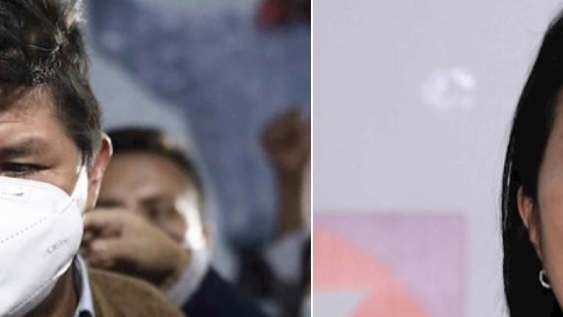 A la izquierda, el candidato a la presidencia de Perú Pedro Castillo, del partido Perú Libre. A la derecha, la  candidata a la presidencia por el partido Fuerza Popular, Keiko Fujimori.