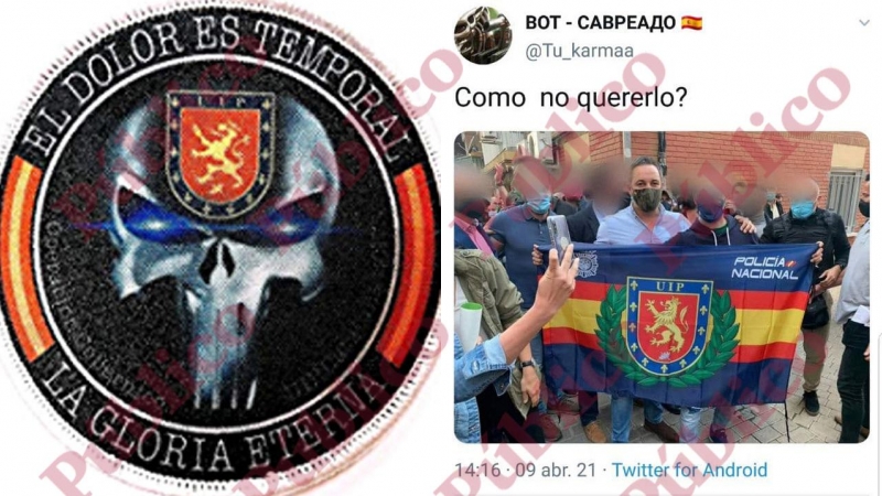 Parche bordado del 'Castigador' con  el escudo de las UIP en la frente de la calavera y el líder de Vox, Santiago Abascal, con la bandera de las UIP, tras los incidentes de Vallecas.