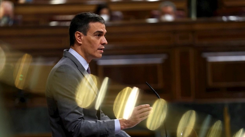 14/04/2021.- El presidente del Gobierno, Pedro Sánchez durante su intervención este miércoles al Congreso donde defenderá el Plan de Recuperación, Transformación y Resiliencia de la economía para hacer frente a la crisis provocada por la pandemia de coron