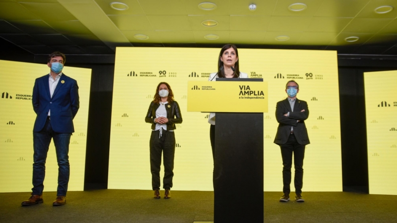 L'equip negociador d'ERC (Marta Vilalta, Sergi Sabrià, Laura Vilagrà i Josep Maria Jové), en roda de premsa el 19 d'abril de 2021.