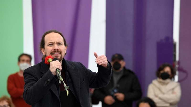 El candidato de Unidas Podemos a la Presidencia de la Comunidad de Madrid, Pablo Iglesias, participa en un acto de campaña celebrado este domingo 25 de abril de 2021 en Collado Villalba.