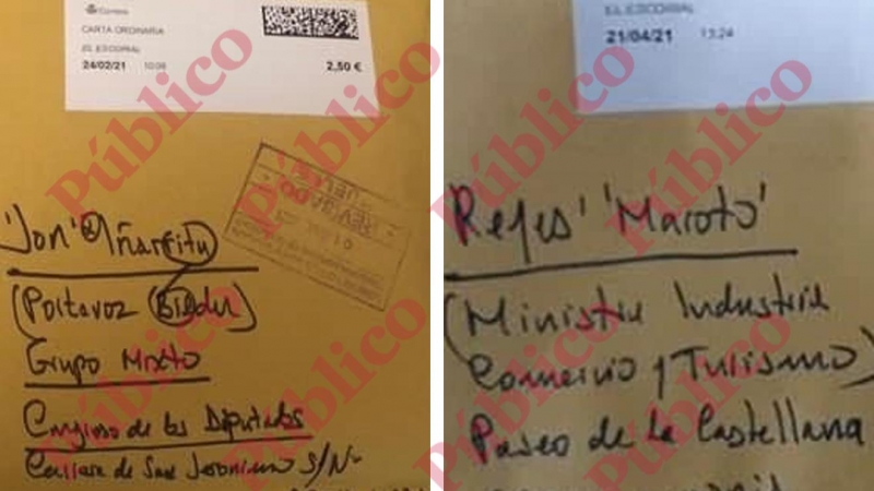 Los sobres de las cartas enviadas al diputado de Bildu Jon Iñárritu y a la ministra Reyes Maroto, escritos con la caligrafía de la misma persona.