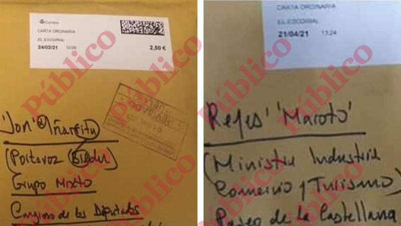 Los sobres de las cartas enviadas al diputado de Bildu Jon Iñárritu y a la ministra Reyes Maroto, escritos con la caligrafía de la misma persona.