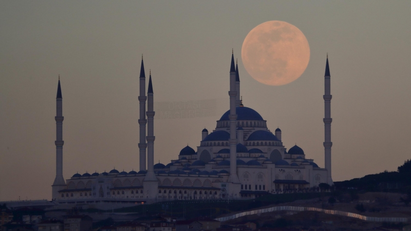 La luna llena, también conocida como Superluna, se eleva sobre la mezquita Camlica en Estambul, Turquía, el 26 de abril de 2021. REUTERS / Murad Seze