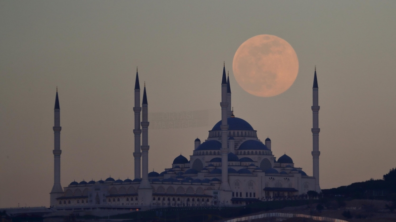 La luna llena, también conocida como Superluna, se eleva sobre la mezquita Camlica en Estambul, Turquía, el 26 de abril de 2021. REUTERS / Murad Seze