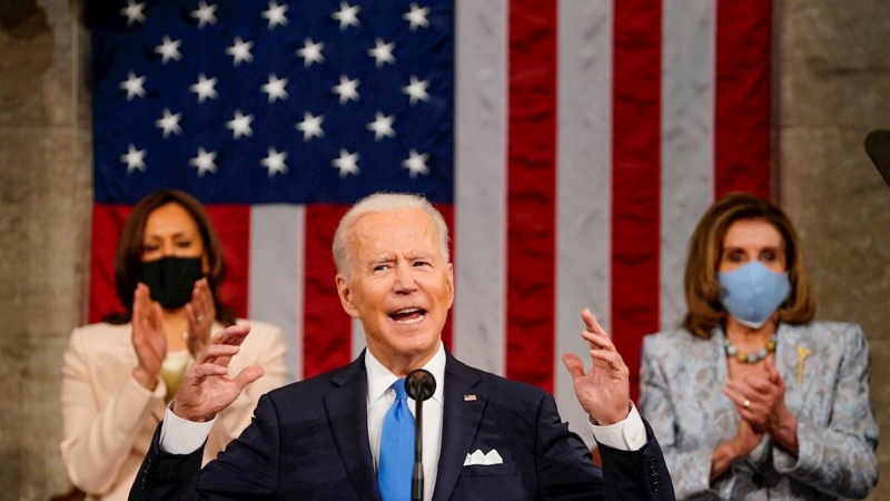 El presidente de EEUU, Joe Biden, pronuncia su dicurso en el Congreso por los primeros 100 días de mandato este miércoles 28 de abril de 2021.