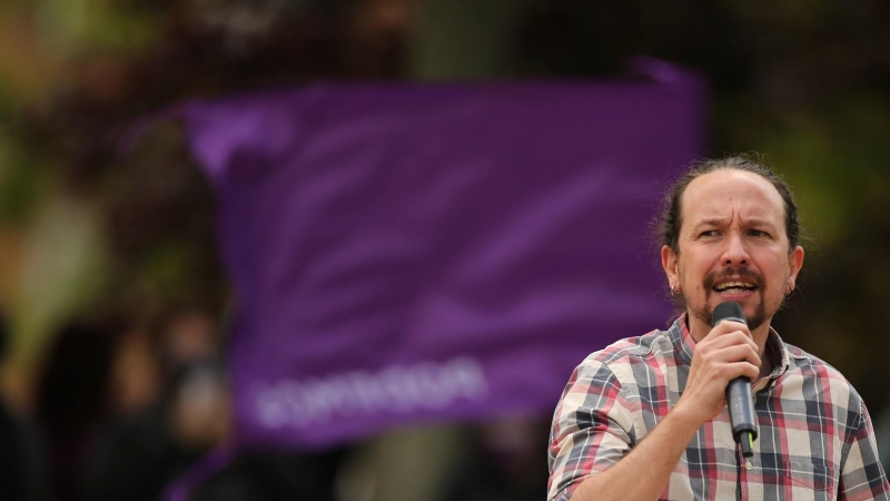 El candidato de Unidas Podemos a la presidencia de la Comunidad de Madrid y secretario general de Podemos, Pablo Iglesias, durante un acto del partido a 30 de abril de 2021, en el Parque Olof Palme de Usera, Madrid.