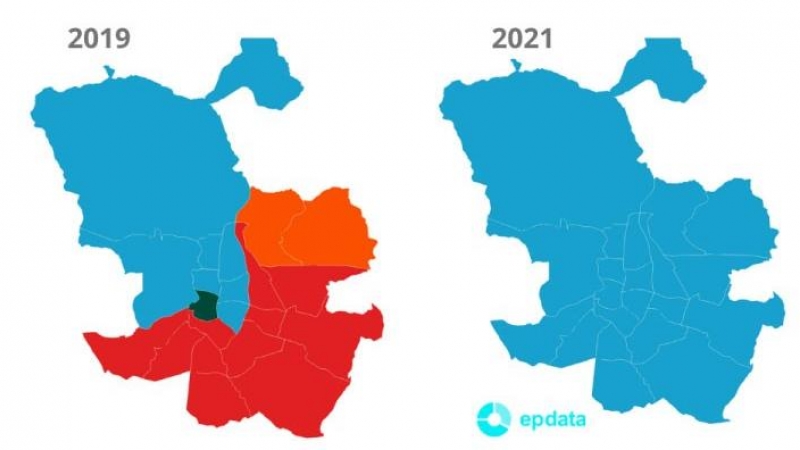 Mapas comparando el resultado por distritos de la capital en las elecciones a la Asamblea de Madrid en 2021 y 2019