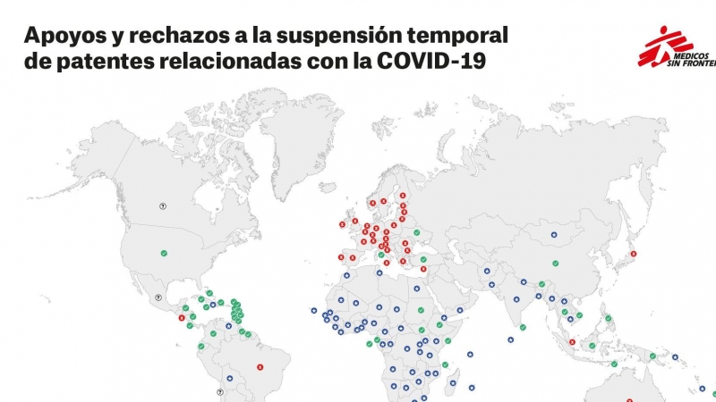 Mapa de Médico Sin Fronteras sobre los apoyos a la exención temporal de las patentes de las vacunas contra la covid-19.