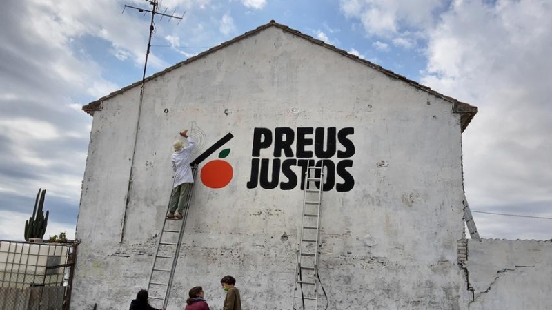 Activistes fent una pintada en defensa dels llauradors en una alqueria de l'horta valenciana.