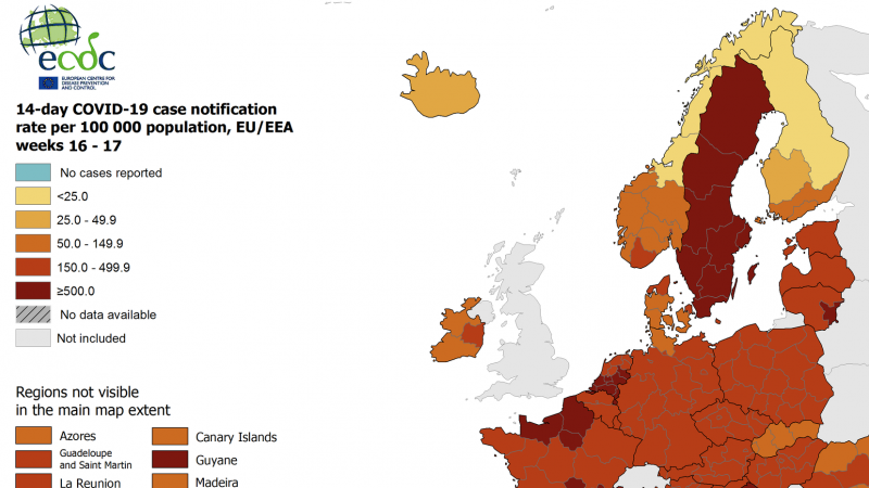 Mapa de todas las regiones de la Unión Europea y la EFTA con la situación de la pandemia