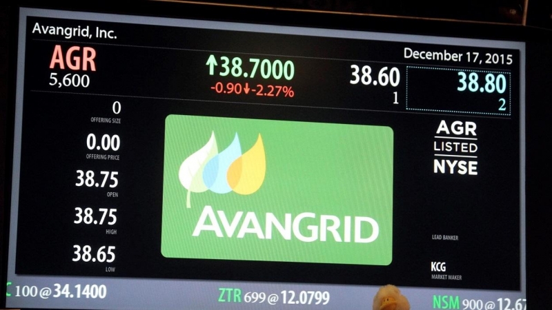 El nombre de Avandrid, la filial de Iberdrola en EEUU, en un panel informativo en el patio de negociación de la Bolsa de Nueva York (NYSE), en día del comienzo de su cotización en el mercado.  EFE/Miguel Rajmil